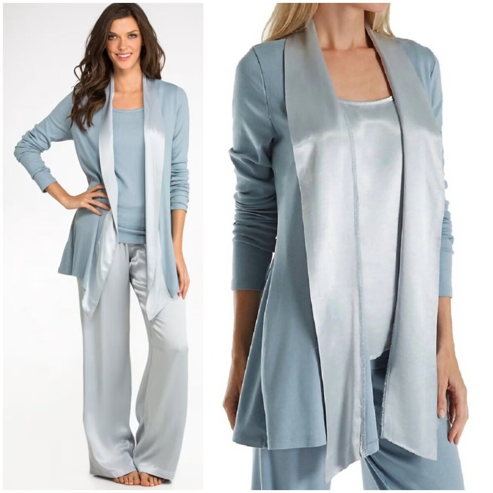 PJ Harlow Shelby Knit Lounge Cardigan Wrap Ribbed Morning Blue sz L Minimalist